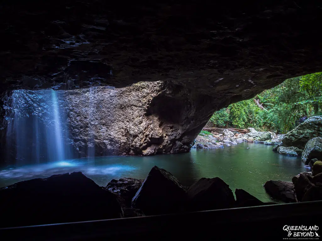 Interior of the Natural Bridge cave with waterfall