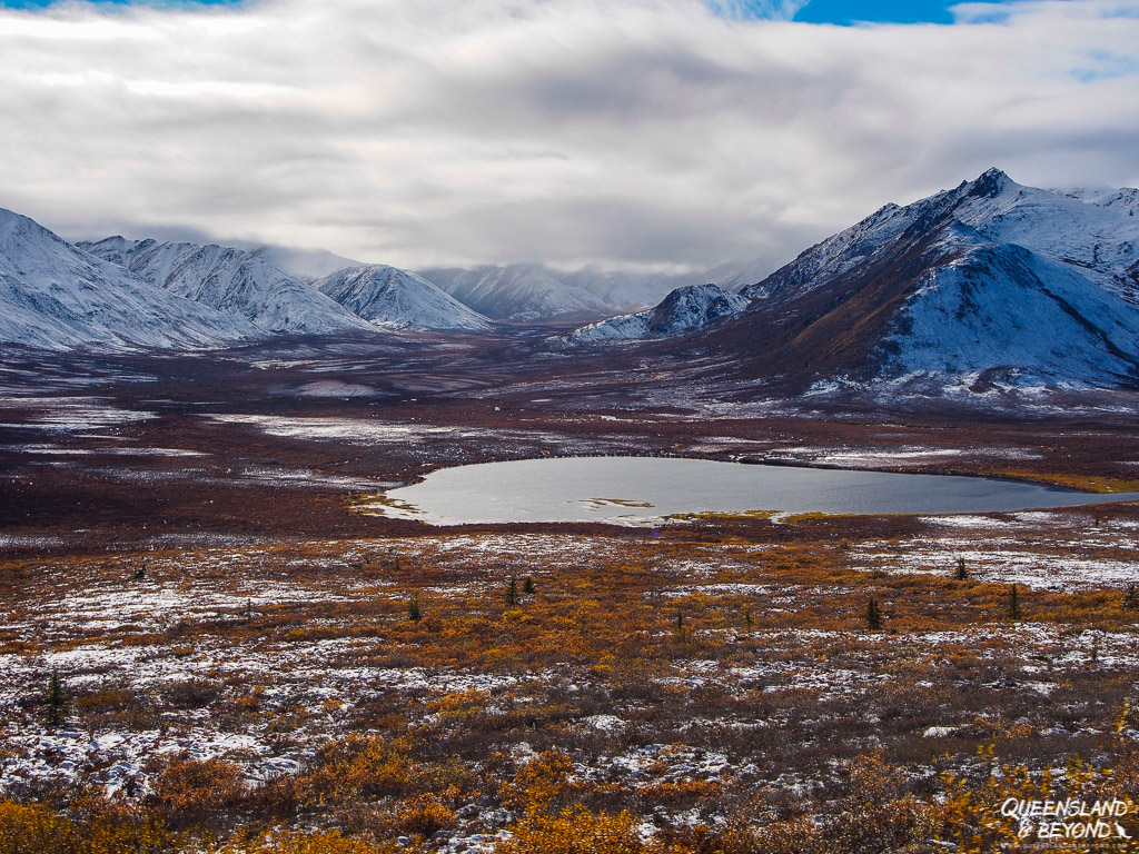 Snow-capped mountains and valley at Tombstone Territorial Park