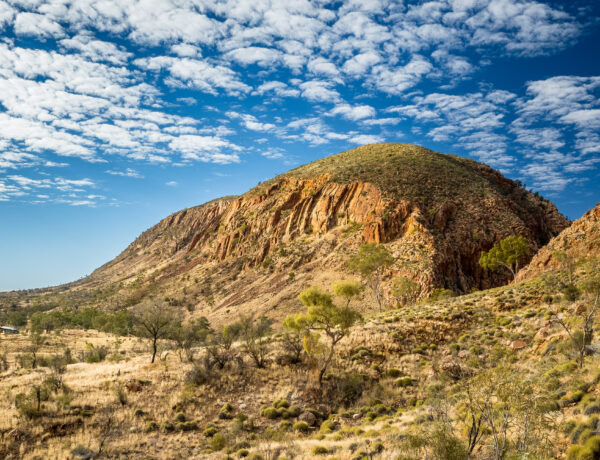 Rugged red rock cliff face of the West MacDonnell Ranges under a blue sky with textured clouds, showcasing the outback scenery of the Larapinta Trail in Australia.