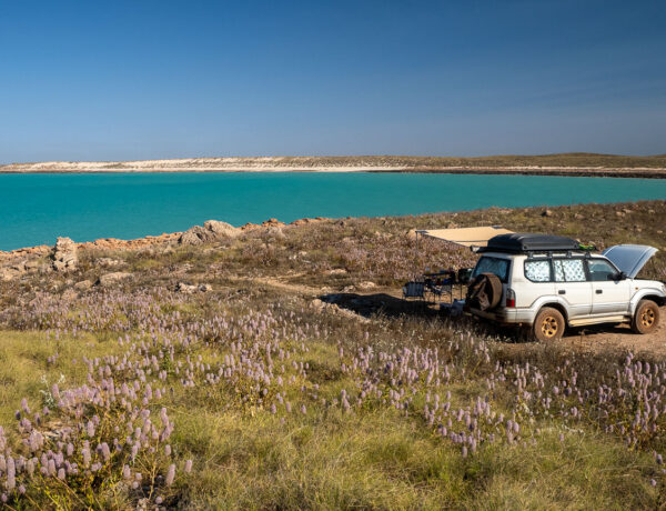 White Toyota Prado 4WD with a rooftop tent parked on the edge of a rugged, limestone cliff overlooking the turquoise ocean at Cape Keraudren in Western Australia.